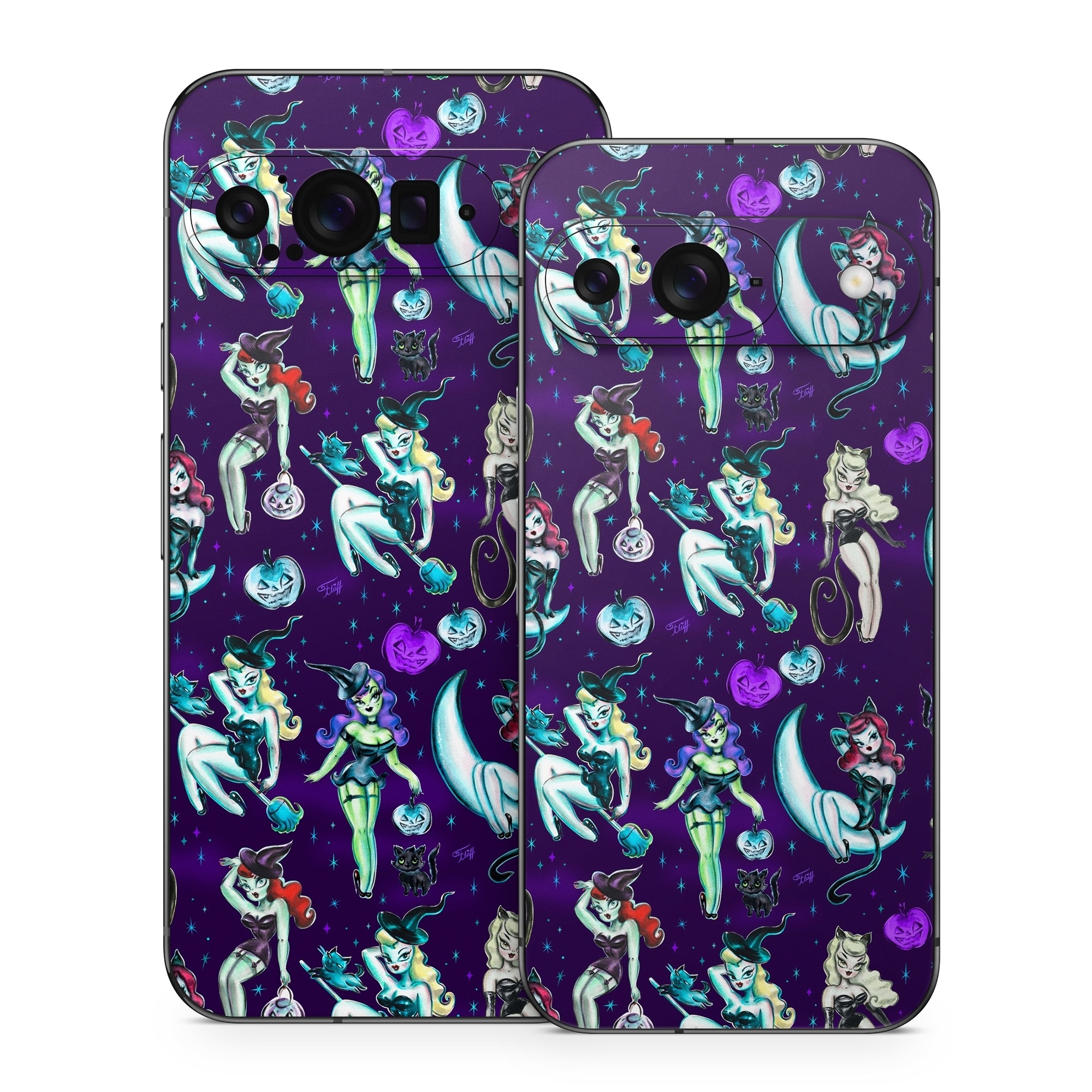 Google Pixel 9 Series Skin design of Illustration, Cartoon, Violet, Art, Fictional character, Graphic design, Fiction, Visual arts, Style, Graphics, with blue, green, white, yellow, red, purple colors