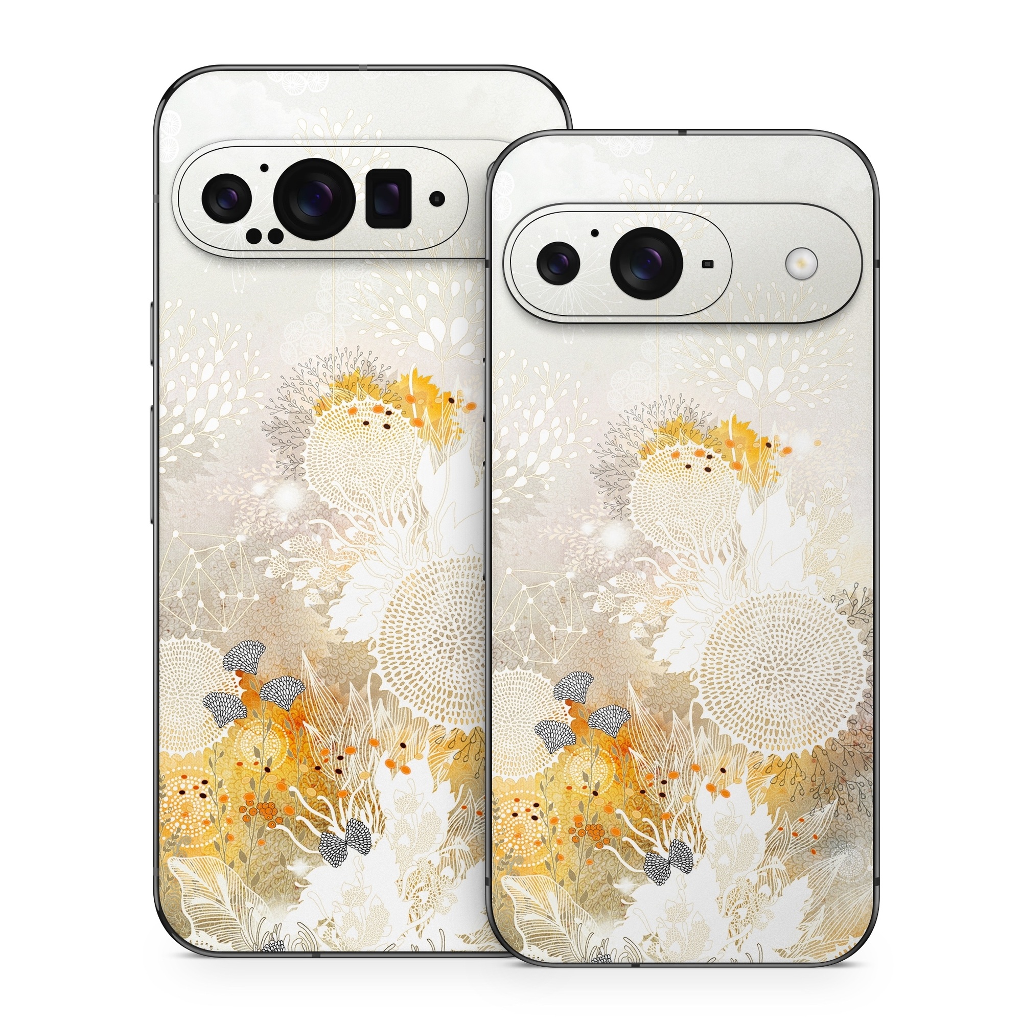 Google Pixel 9 Series Skin design of Pattern, Floral design, Flower, Plant, Illustration, camomile, Wildflower, Art, with gray, yellow, pink, white, green colors