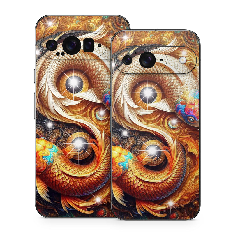 Google Pixel 9 Series Skin design of Fractal art, Graphic design, Design, Fictional character, Graphics, Mythical creature, Modern art, Scaled reptiles, Mythology, Serpent, with red, orange, yellow, brown, blue, green, white, black colors