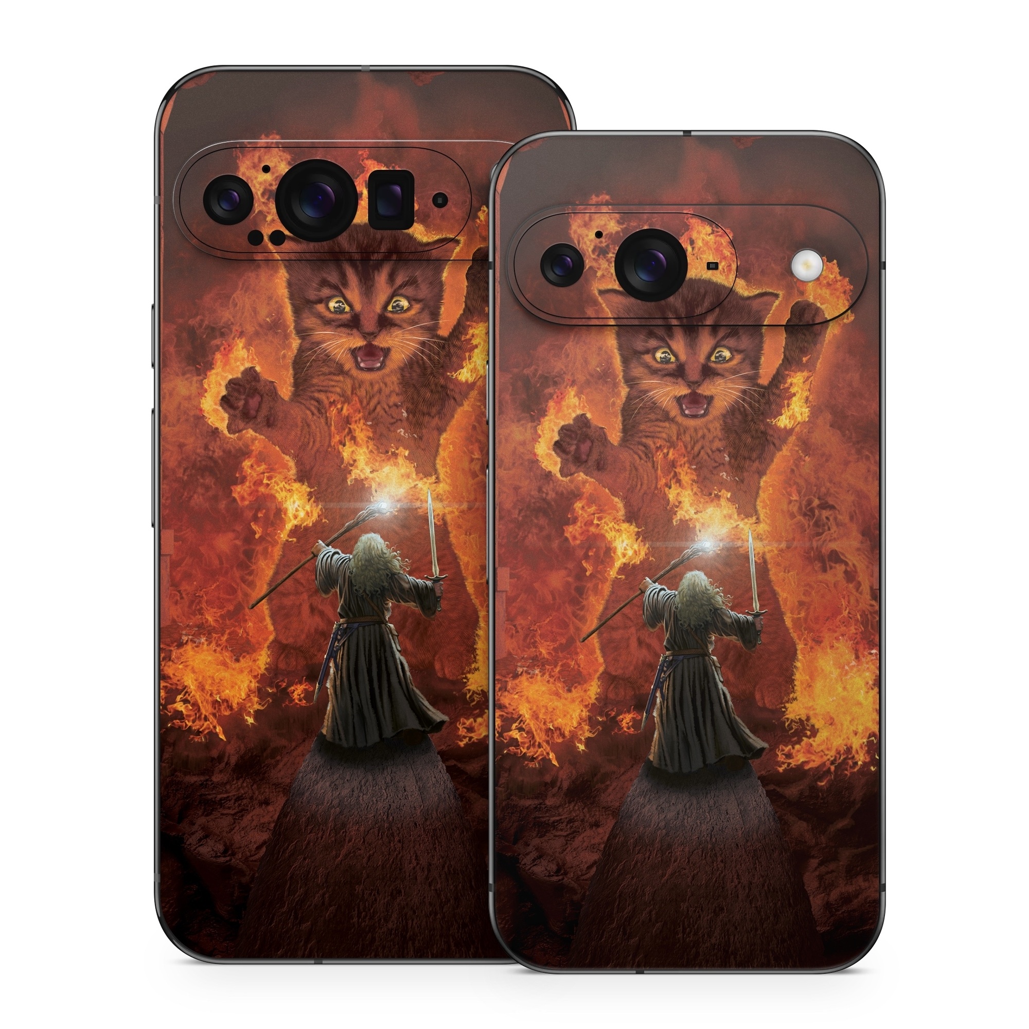 Google Pixel 9 Series Skin design of Cartoon, Art, Carnivore, Cg artwork, Felidae, Supernatural creature, Big cats, Heat, Fictional character, Darkness, with black, red, white, gray, yellow colors