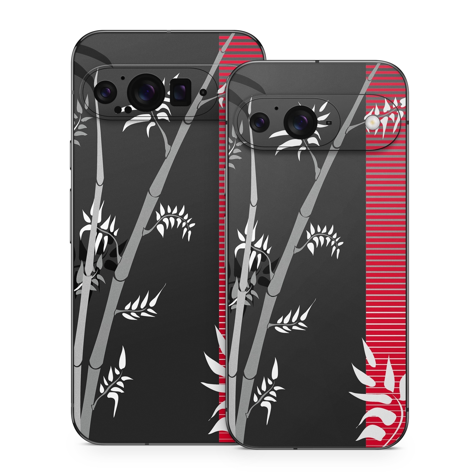 Google Pixel 9 Series Skin design of Tree, Branch, Plant, Graphic design, Bamboo, Illustration, Plant stem, Black-and-white, with black, red, gray, white colors