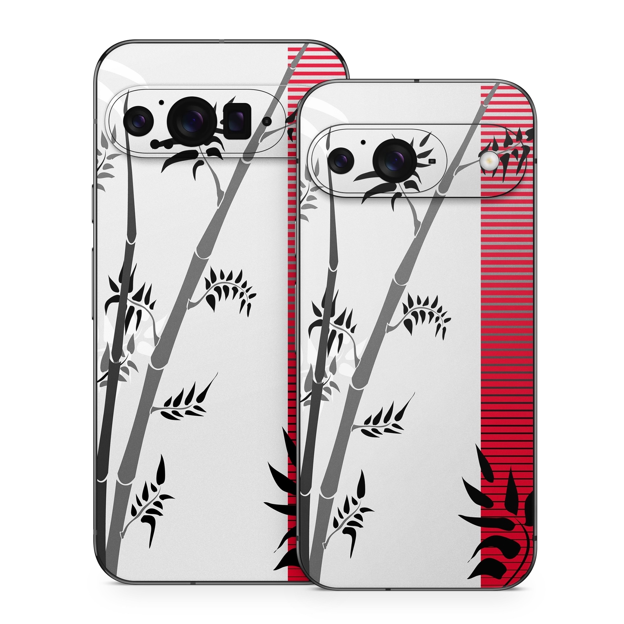 Google Pixel 9 Series Skin design of Botany, Plant, Branch, Plant stem, Tree, Bamboo, Pedicel, Black-and-white, Flower, Twig, with gray, red, black, white colors