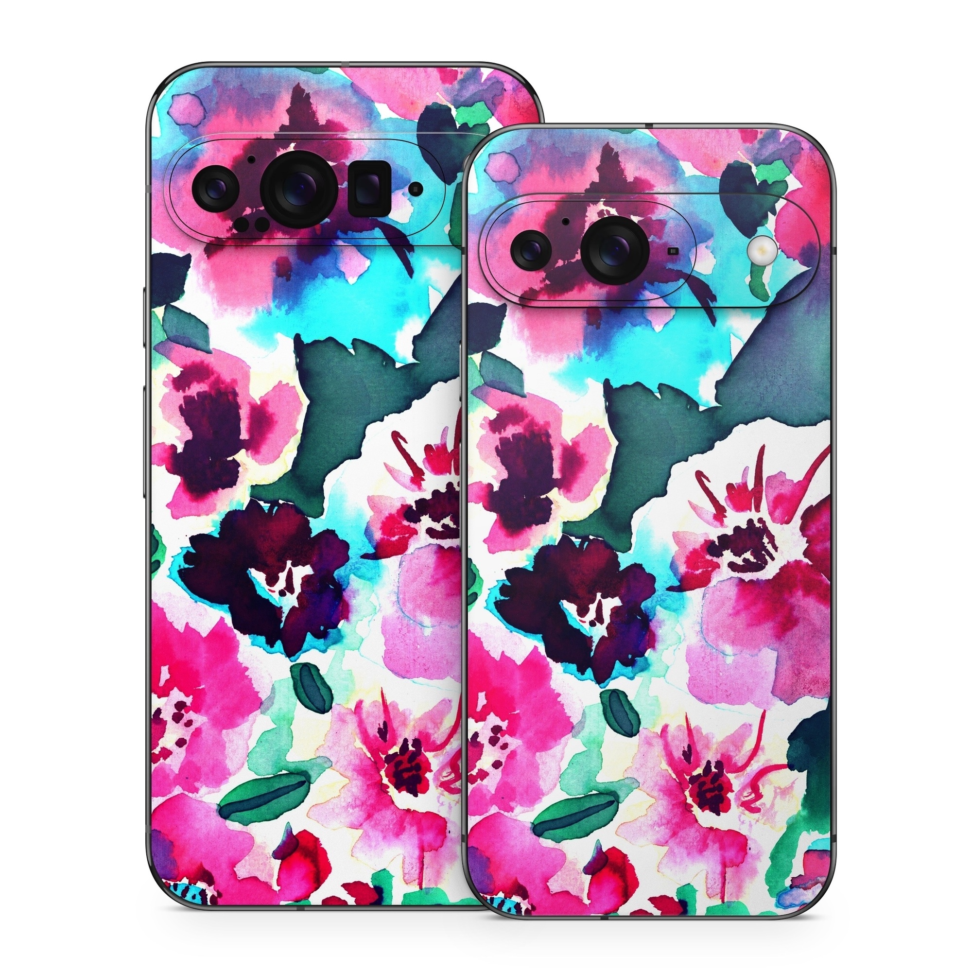 Google Pixel 9 Series Skin design of Flower, Pink, Petal, Plant, Pattern, Hawaiian hibiscus, Design, Magenta, Flowering plant, Watercolor paint, with white, pink, blue, green, red colors