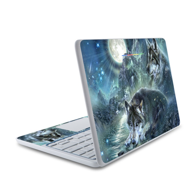 HP Chromebook 11 Skin design of Cg artwork, Fictional character, Darkness, Werewolf, Illustration, Wolf, Mythical creature, Graphic design, Dragon, Mythology, with black, blue, gray, white colors