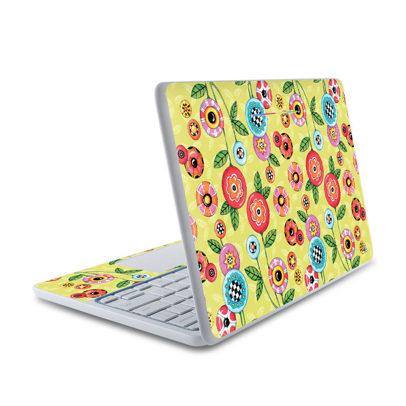 HP Chromebook 11 Skin design of Wrapping paper, Pattern, Textile, Design, Visual arts, Wildflower, Art, Plant, Child art, Flower, with green, blue, red, yellow, orange, pink colors