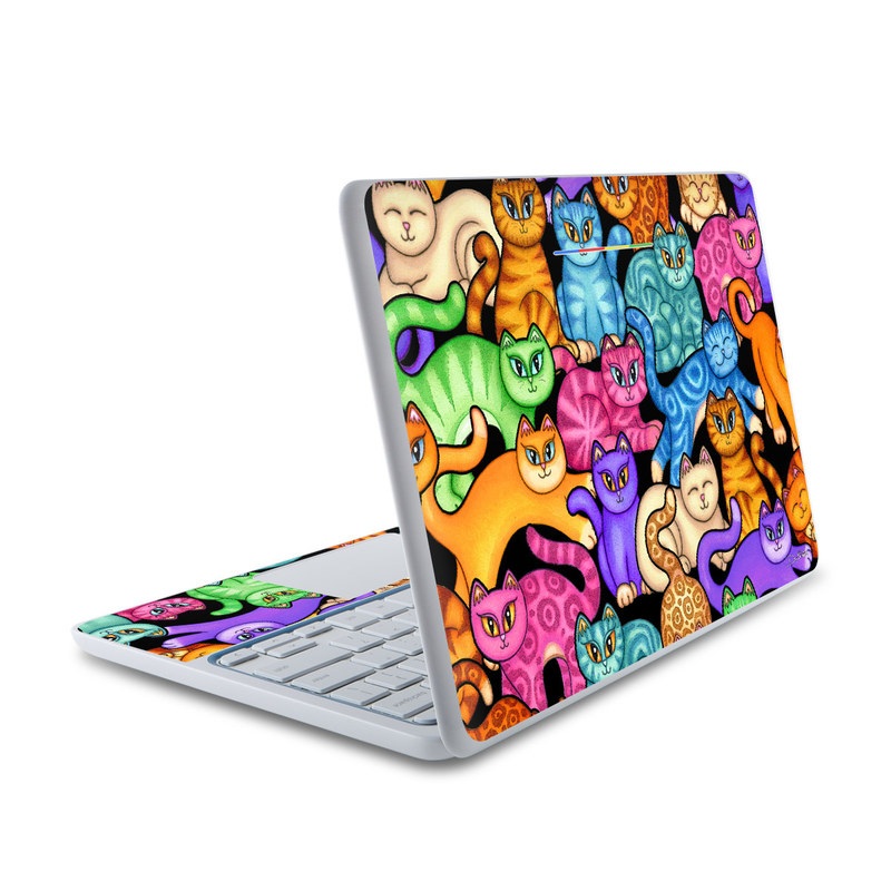 HP Chromebook 11 Skin design of Cat, Cartoon, Felidae, Organism, Small to medium-sized cats, Illustration, Animated cartoon, Wildlife, Kitten, Art, with black, blue, red, purple, green, brown colors
