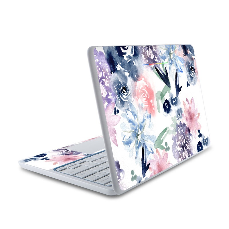 HP Chromebook 11 Skin design of Pattern, Graphic design, Design, Floral design, Plant, Flower, Illustration, with white, blue, purple, green, pink colors