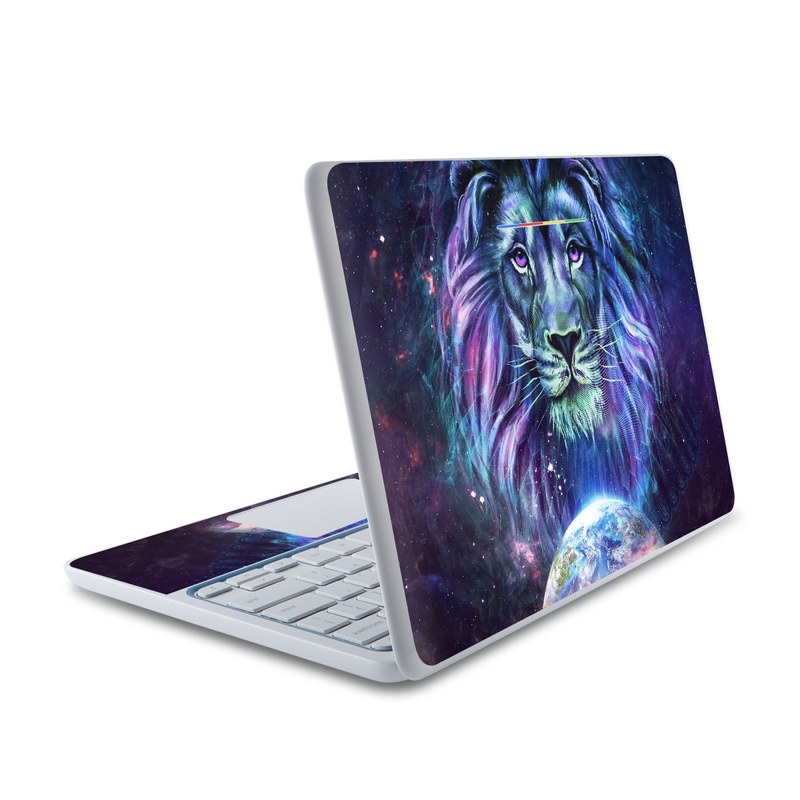HP Chromebook 11 Skin design of Lion, Felidae, Purple, Wildlife, Big cats, Illustration, Darkness, Space, Painting, Art, with purple, blue, green, black, white, red colors
