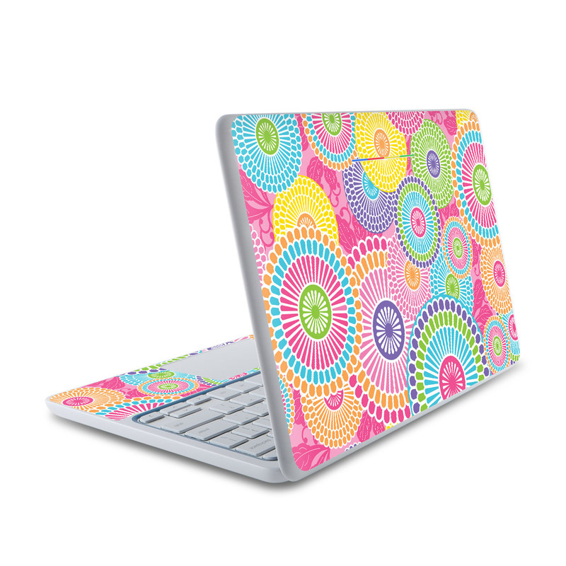HP Chromebook 11 Skin design of Pattern, Circle, Textile, Design, Visual arts, Wrapping paper, with gray, pink, purple, orange, blue, green colors