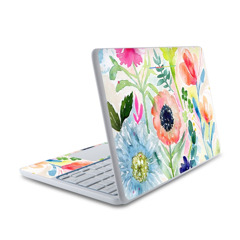HP Chromebook 11 Skin design of Flower, Watercolor paint, Plant, Flowering plant, Pattern, Floral design, Botany, Petal, Wildflower, Design, with green, pink, yellow, orange, blue, red, purple colors