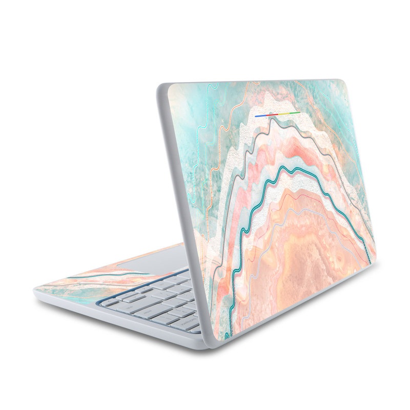 HP Chromebook 11 Skin design of Aqua, Line, Pattern, Watercolor paint, Design, Illustration, Art with blue, pink, white, orange, yellow colors