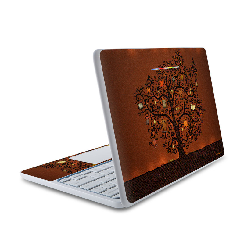 HP Chromebook 11 Skin design of Tree, Brown, Leaf, Plant, Woody plant, Branch, Visual arts, Font, Pattern, Art, with black colors