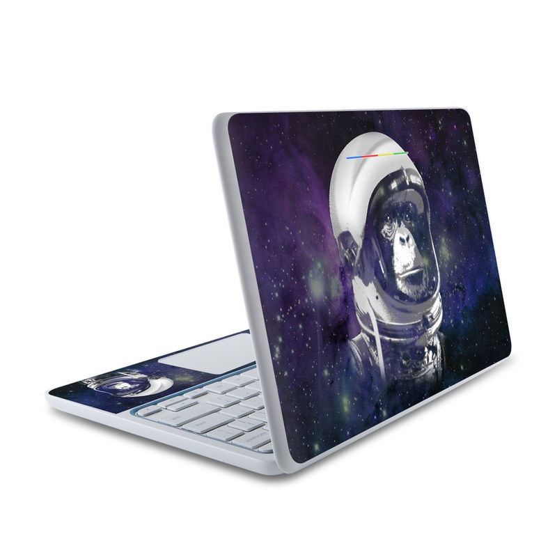 HP Chromebook 11 Skin design of Helmet, Astronaut, Personal protective equipment, Illustration, Space, Outer space, Headgear, Fictional character, Sports gear, Football gear with black, gray, blue, white colors