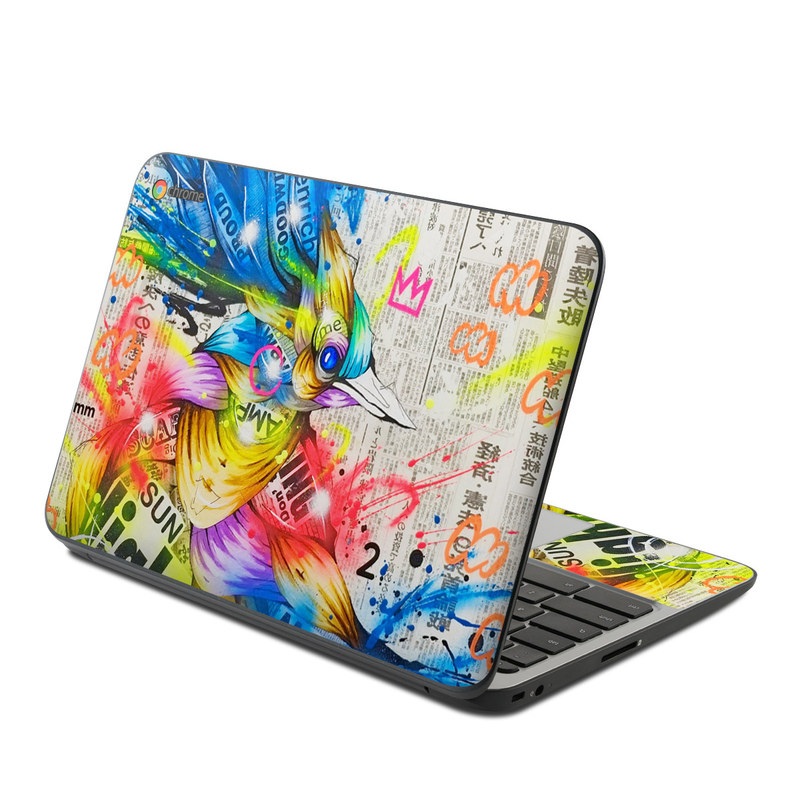 HP Chromebook 11 G4 Skin design of Graphic design, Font, Art, Graphics, Illustration, with blue, red, orange, pink, white, black, yellow, green colors