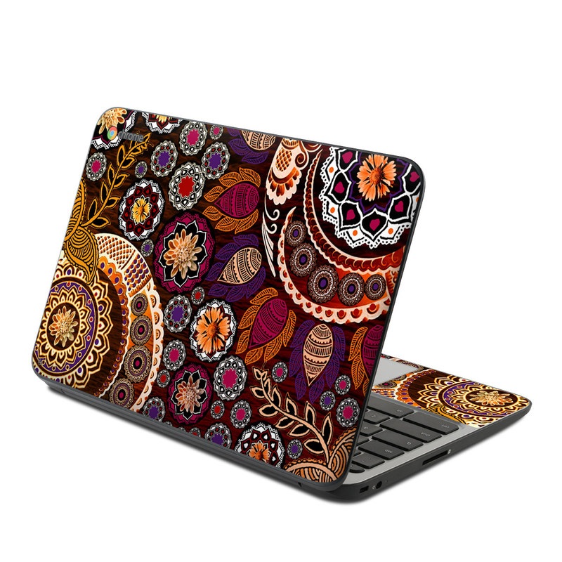 HP Chromebook 11 G4 Skin design of Pattern, Motif, Visual arts, Design, Art, Floral design, Textile, Paisley, Tapestry, Circle, with brown, purple, red, white, black colors