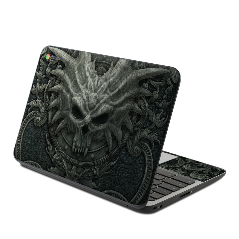 HP Chromebook 11 G4 Skin design of Demon, Dragon, Fictional character, Illustration, Supernatural creature, Drawing, Symmetry, Art, Mythology, Mythical creature, with black, gray colors