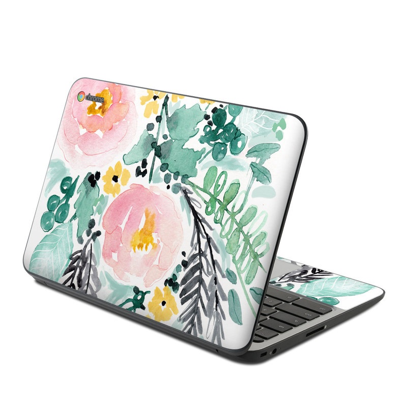 HP Chromebook 11 G4 Skin design of Branch, Clip art, Watercolor paint, Flower, Leaf, Botany, Plant, Illustration, Design, Graphics, with green, pink, red, orange, yellow colors