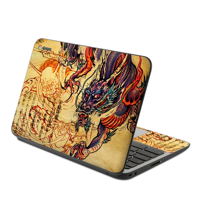 HP Chromebook 11 G4 Skin design of Illustration, Fictional character, Art, Demon, Drawing, Visual arts, Dragon, Supernatural creature, Mythical creature, Mythology, with black, green, red, gray, pink, orange colors