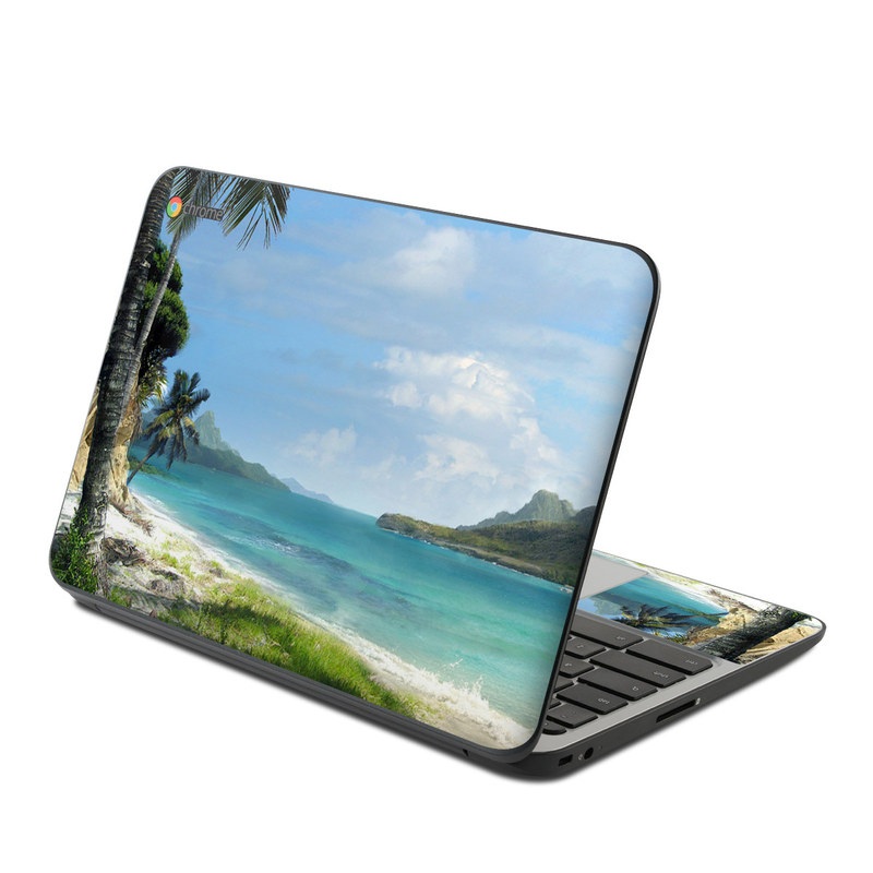HP Chromebook 11 G4 Skin design of Body of water, Tropics, Nature, Natural landscape, Shore, Coast, Caribbean, Sea, Tree, Beach, with gray, black, blue, green colors