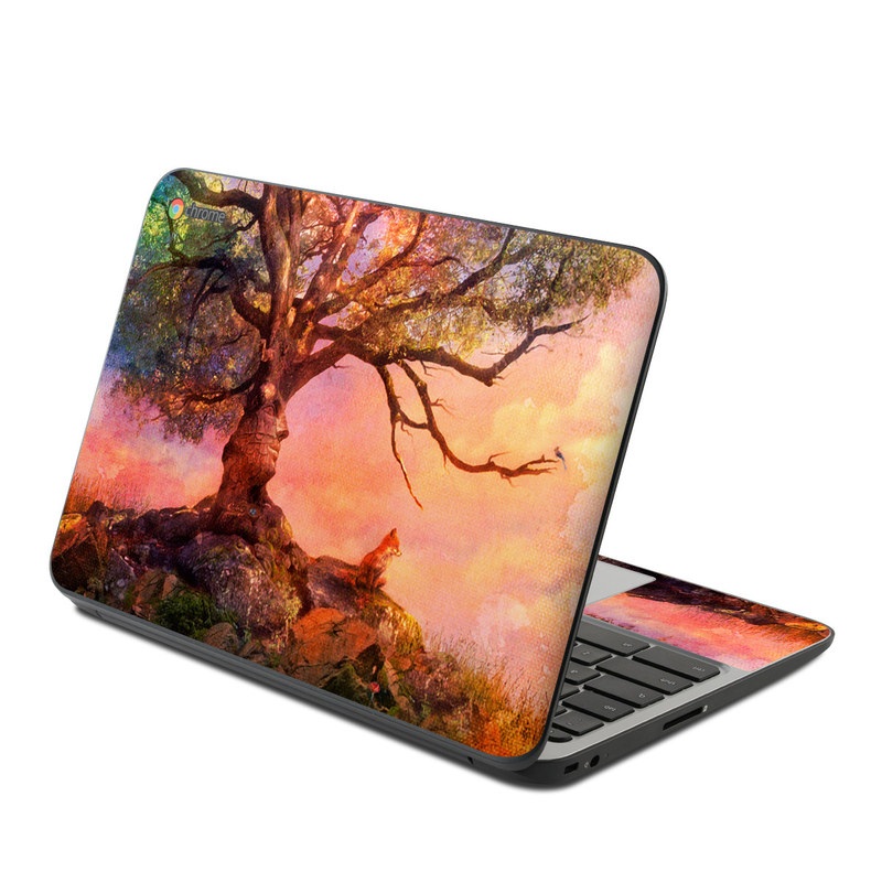 HP Chromebook 11 G4 Skin design of Nature, Tree, Sky, Natural landscape, Branch, Leaf, Woody plant, Trunk, Landscape, Plant, with pink, red, black, green, gray, orange colors