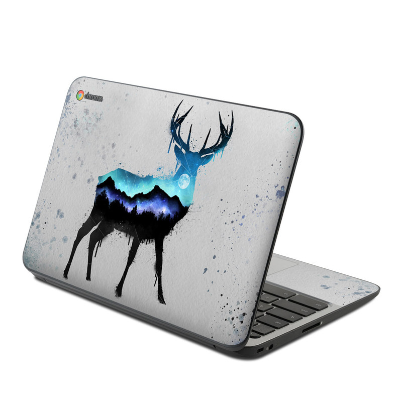 HP Chromebook 11 G4 Skin design of Reindeer, Deer, Illustration, Watercolor paint, Art, Elk, Wildlife, Drawing, Paint, Graphics, with gray, black, blue, purple, white colors