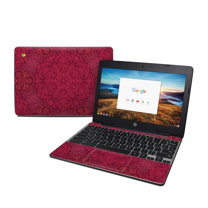 HP Chromebook 11 G5 Skin design of Red, Pattern, Pink, Magenta, Purple, Maroon, Violet, Textile, Design, Wallpaper with red, black colors