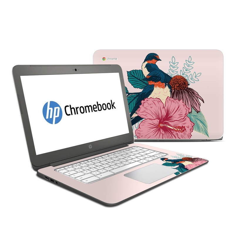 HP Chromebook 14 Skin design of Bird, Hawaiian hibiscus, Hibiscus, Illustration, Chinese hibiscus, Botany, Flower, Plant, Malvales, Mallow family, with blue, pink, green, yellow, red colors