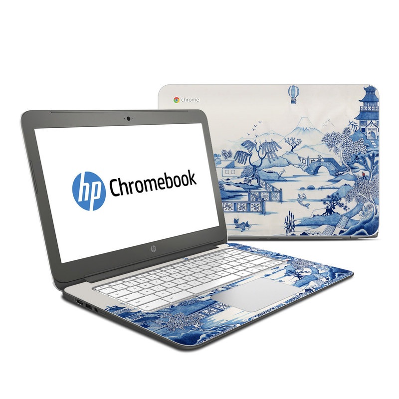 HP Chromebook 14 Skin design of Blue, Blue and white porcelain, Winter, Christmas eve, Illustration, Snow, World, Art, with blue, white colors