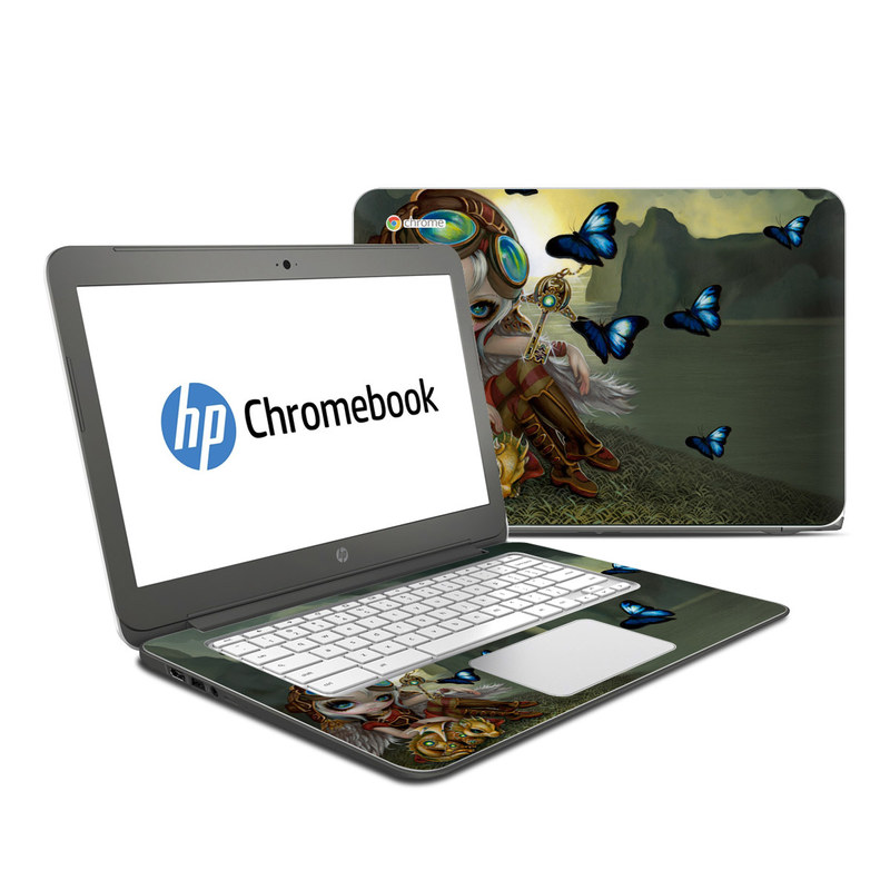 HP Chromebook 14 Skin design of Cg artwork, Illustration, Fictional character, Art, Mythology, Games, Massively multiplayer online role-playing game, with black, green, red, yellow, brown, blue colors