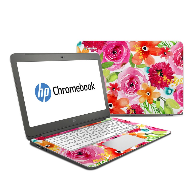 HP Chromebook 14 Skin design of Flower, Cut flowers, Floral design, Plant, Pink, Bouquet, Petal, Flower Arranging, Artificial flower, Clip art, with pink, red, green, orange, yellow, blue, white colors