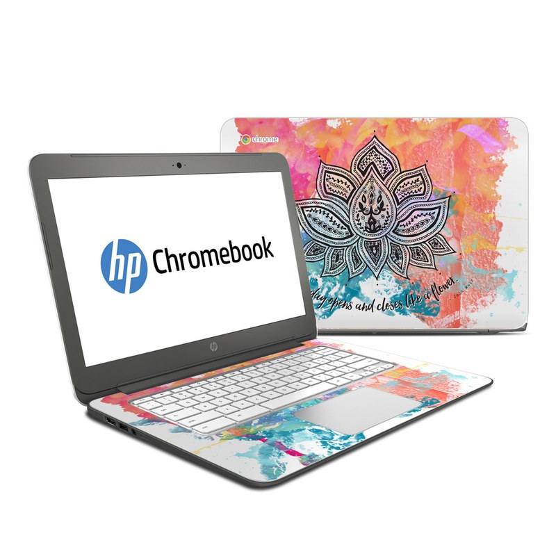 HP Chromebook 14 Skin design of Pink, Leaf, Pattern, Design, Graphic design, Illustration, Symmetry, Visual arts, Art, Plant, with orange, yellow, red, blue, green, black colors