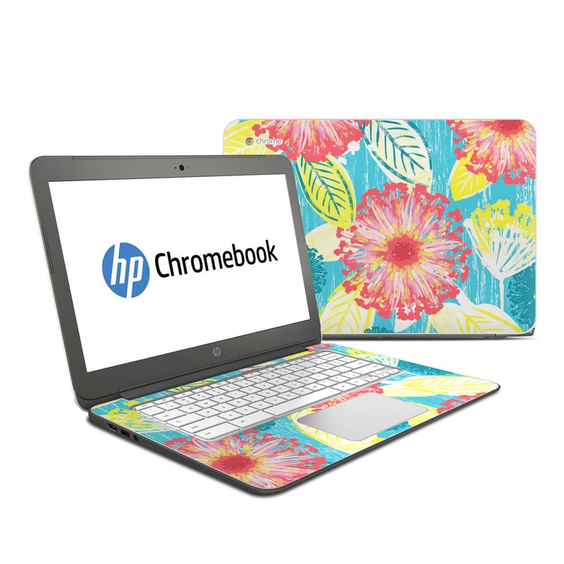 HP Chromebook 14 Skin design of Pattern, Design, Flower, Floral design, Plant, Textile, Wrapping paper, Wildflower, Visual arts, with pink, gray, blue, yellow colors