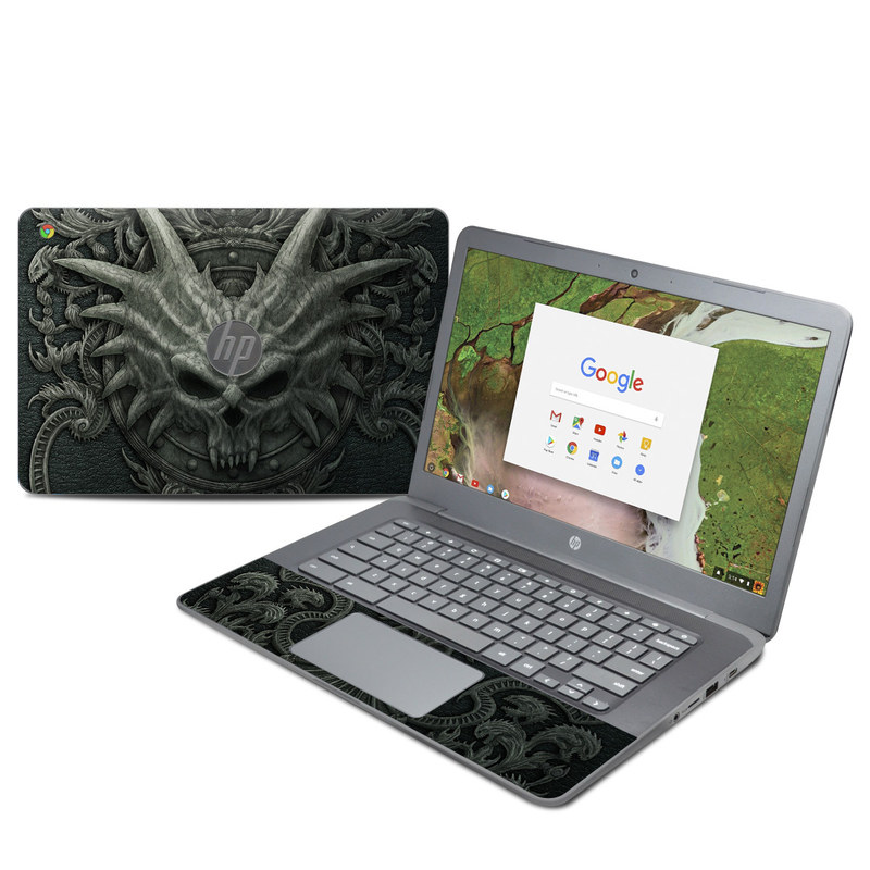 HP Chromebook 14 G5 Skin design of Demon, Dragon, Fictional character, Illustration, Supernatural creature, Drawing, Symmetry, Art, Mythology, Mythical creature with black, gray colors