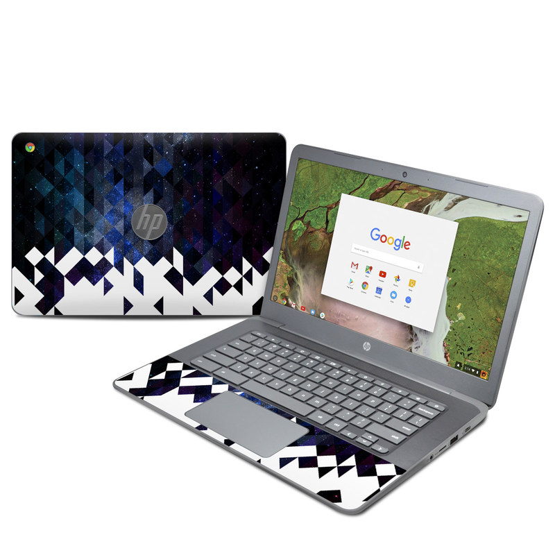 HP Chromebook 14 G5 Skin design of Text, Pattern, Graphic design, Font, Purple, Design, Line, Triangle, Logo, Graphics, with black, blue, white colors