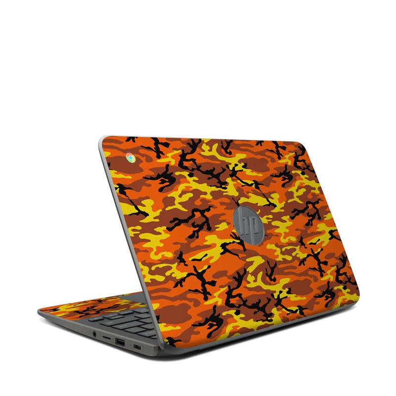 HP Chromebook 11 G7 Skin design of Military camouflage, Orange, Pattern, Camouflage, Yellow, Brown, Uniform, Design, Tree, Wildlife, with red, green, black colors