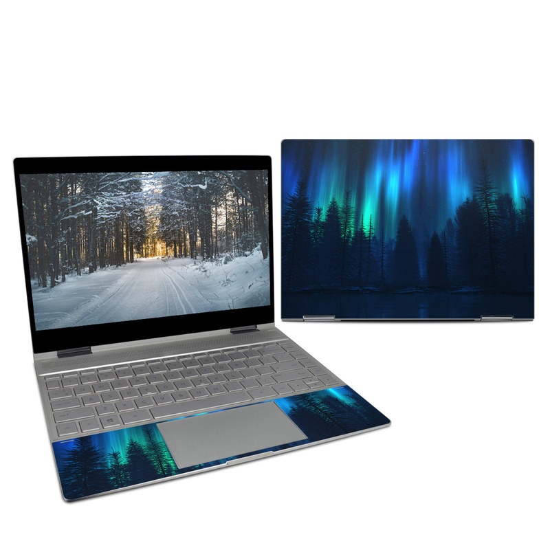 HP Spectre x360 13-inch Skin design of Blue, Light, Natural environment, Tree, Sky, Forest, Darkness, Aurora, Night, Electric blue, with black, blue colors