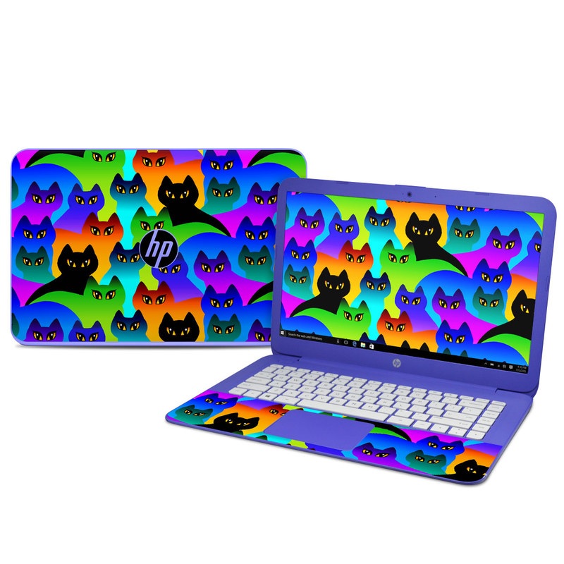 HP Stream 14 Skin design of Black cat, Purple, Cat, Small to medium-sized cats, Pattern, Design, Felidae, Illustration, Art with black, blue, green, purple colors