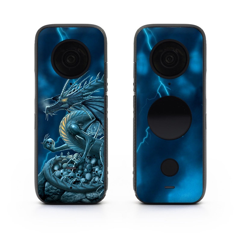 Insta360 ONE X2 Skin design of Cg artwork, Dragon, Mythology, Fictional character, Illustration, Mythical creature, Art, Demon, with blue, yellow colors