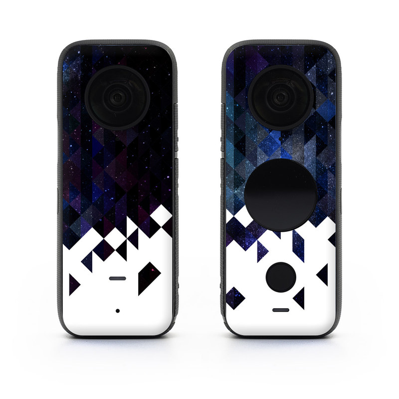 Insta360 ONE X2 Skin design of Text, Pattern, Graphic design, Font, Purple, Design, Line, Triangle, Logo, Graphics, with black, blue, white colors