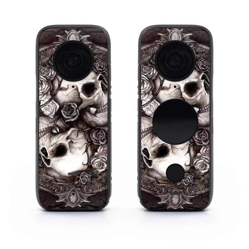 Insta360 ONE X2 Skin design of Skull, Bone, Illustration, Font, Still life photography, Photography, Still life, Art, Monochrome, Circle, with black, white, brown, pink colors