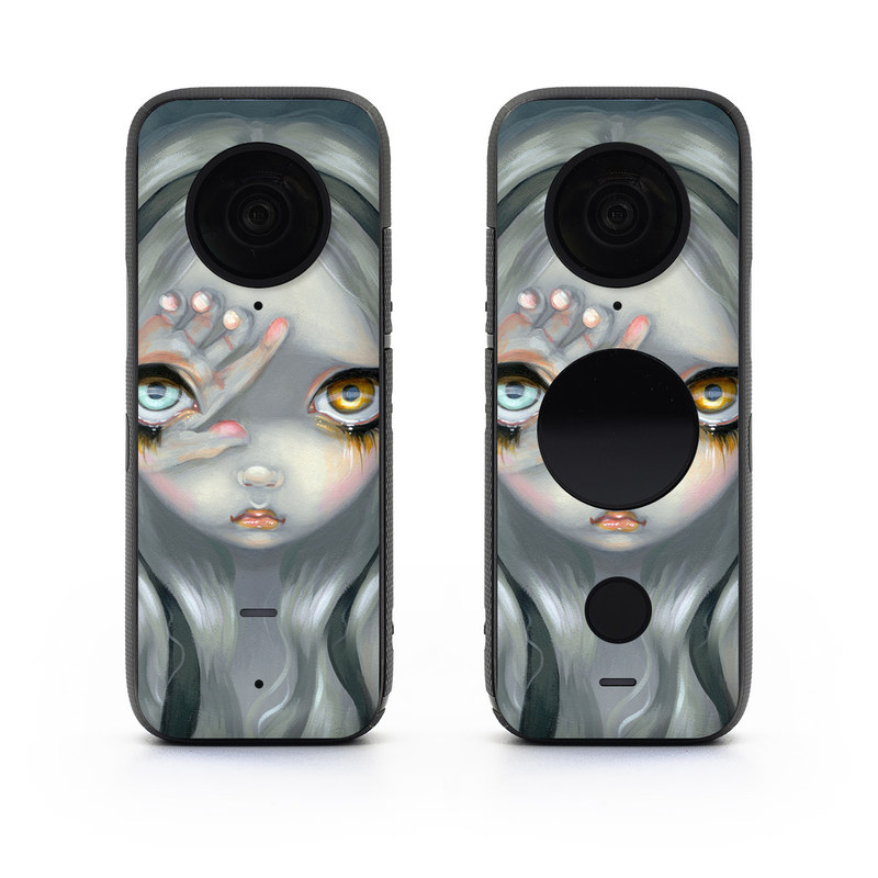 Insta360 ONE X2 Skin design of Face, Head, Cg artwork, Eye, Illustration, Organ, Fictional character, Art, Iris, Darkness, with black, gray, blue, green colors