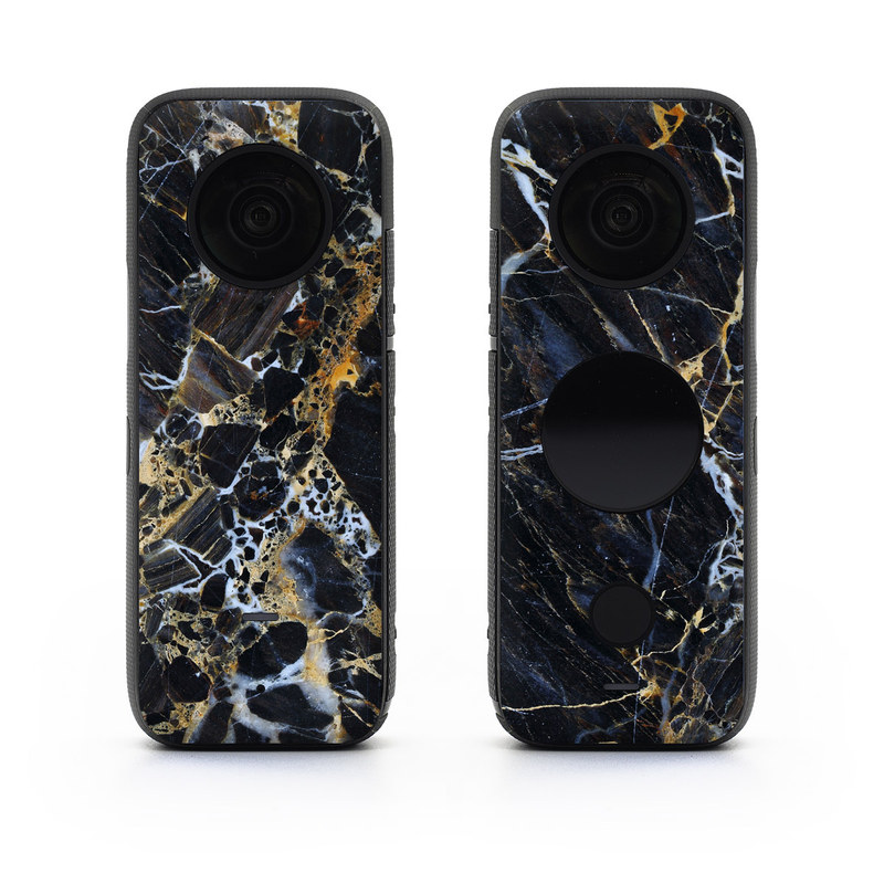 Insta360 ONE X2 Skin design of Black, Yellow, Rock, Brown, Marble, Water, Close-up, Granite, Pattern, Geology, with black, white, orange, gray, yellow colors