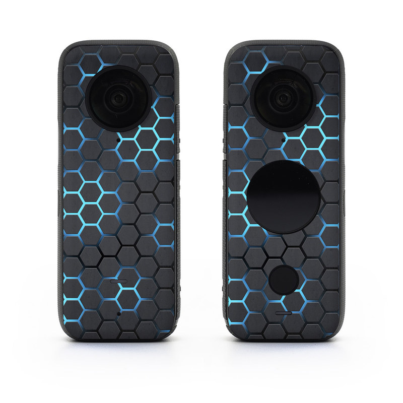 Insta360 ONE X2 Skin design of Pattern, Water, Design, Circle, Metal, Mesh, Sphere, Symmetry, with black, gray, blue colors