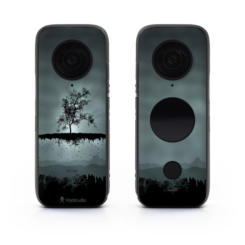 Insta360 ONE X2 Skin design of Reflection, Sky, Nature, Water, Black, Tree, Black-and-white, Monochrome photography, Natural landscape, Atmospheric phenomenon, with black, gray, blue colors