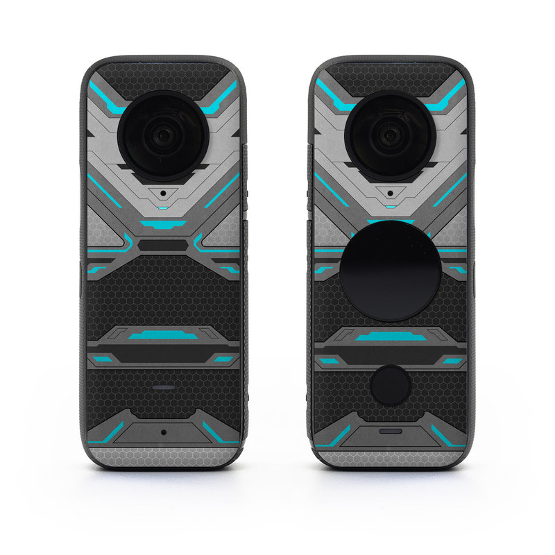 Insta360 ONE X2 Skin design of Blue, Turquoise, Pattern, Teal, Symmetry, Design, Line, Automotive design, Font, with black, gray, blue colors