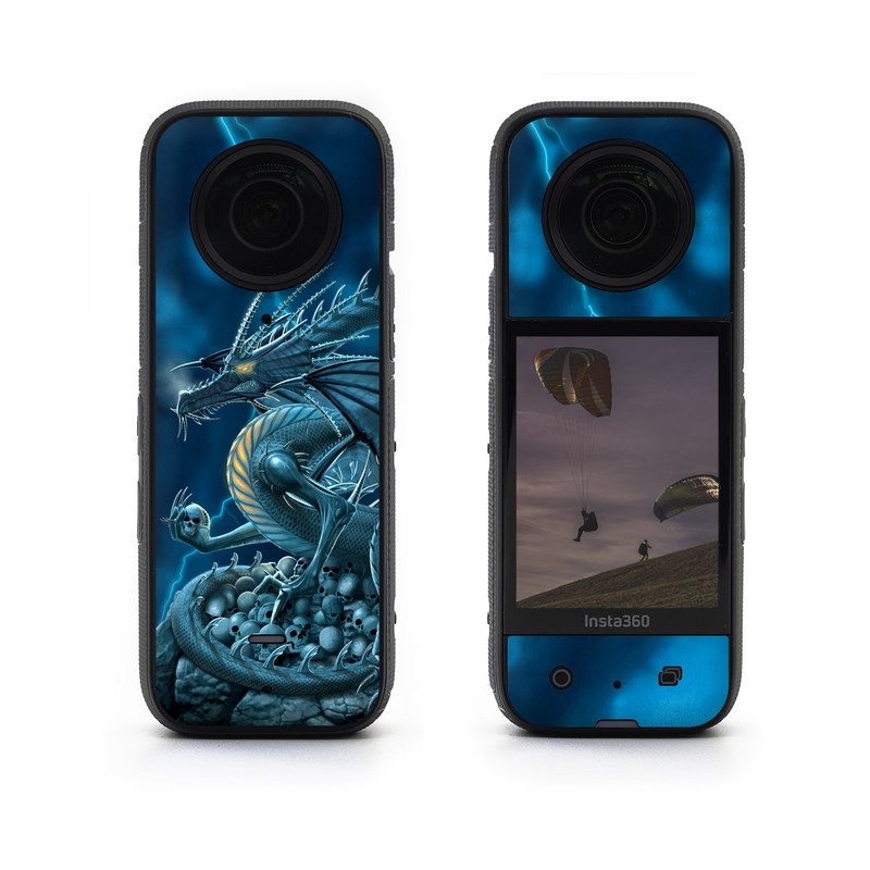 Insta360 X3 Skin design of Cg artwork, Dragon, Mythology, Fictional character, Illustration, Mythical creature, Art, Demon, with blue, yellow colors