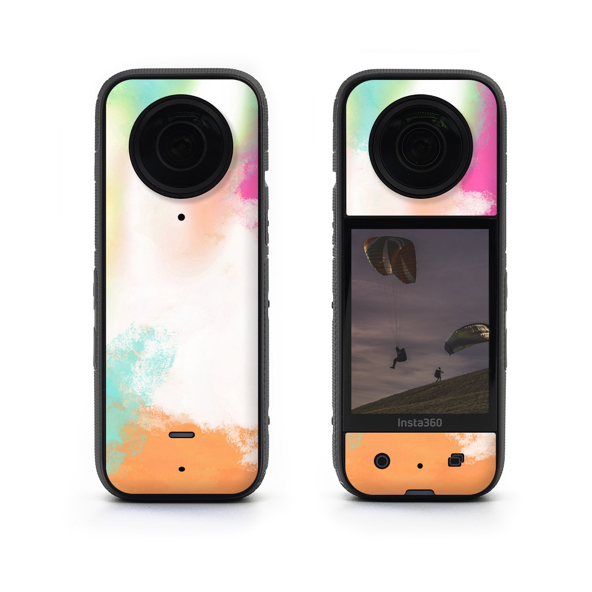 Insta360 X3 Skin design of Sky, Yellow, Orange, Pink, Art, Illustration, Visual Arts, Pattern, Colorfulness, Watercolor Paint, with white, pink, orange, yellow, blue, brown colors