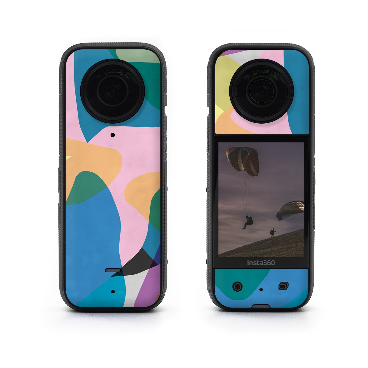 Insta360 X3 Skin design of Azure, Paint, Textile, Organism, Art, Painting, Aqua, Font, Rectangle, Tints and shades, with blue, green, pink, yellow, orange, purple, gray colors