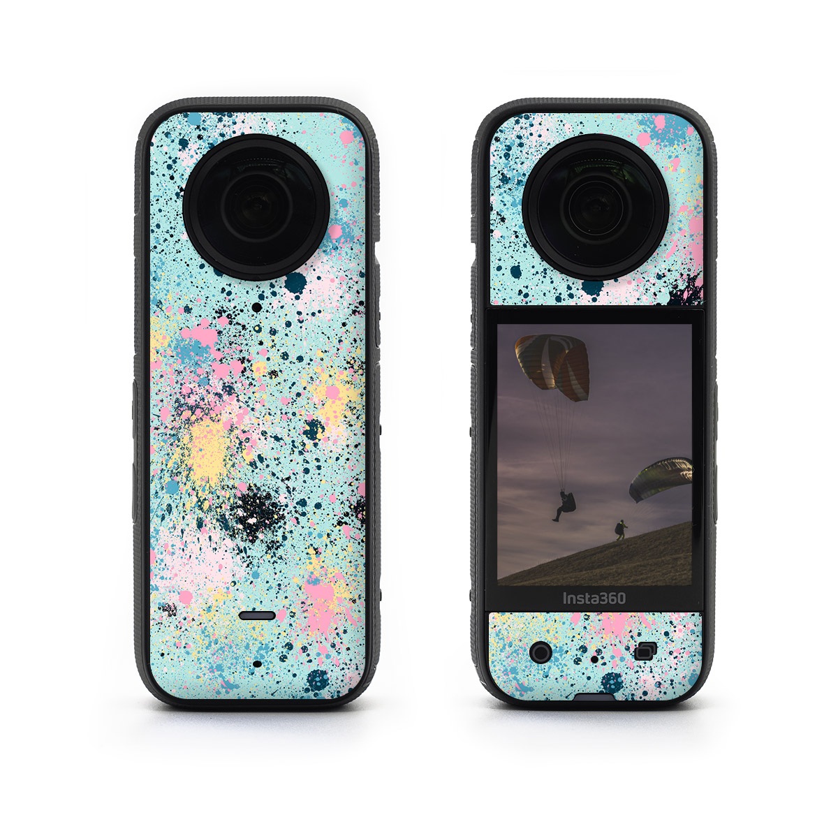 Insta360 X3 Skin design of Colorfulness, Art, Paint, Aqua, Art paint, Pattern, Tints and shades, Magenta, Electric blue, Creative arts, with blue, black, pink, yellow colors