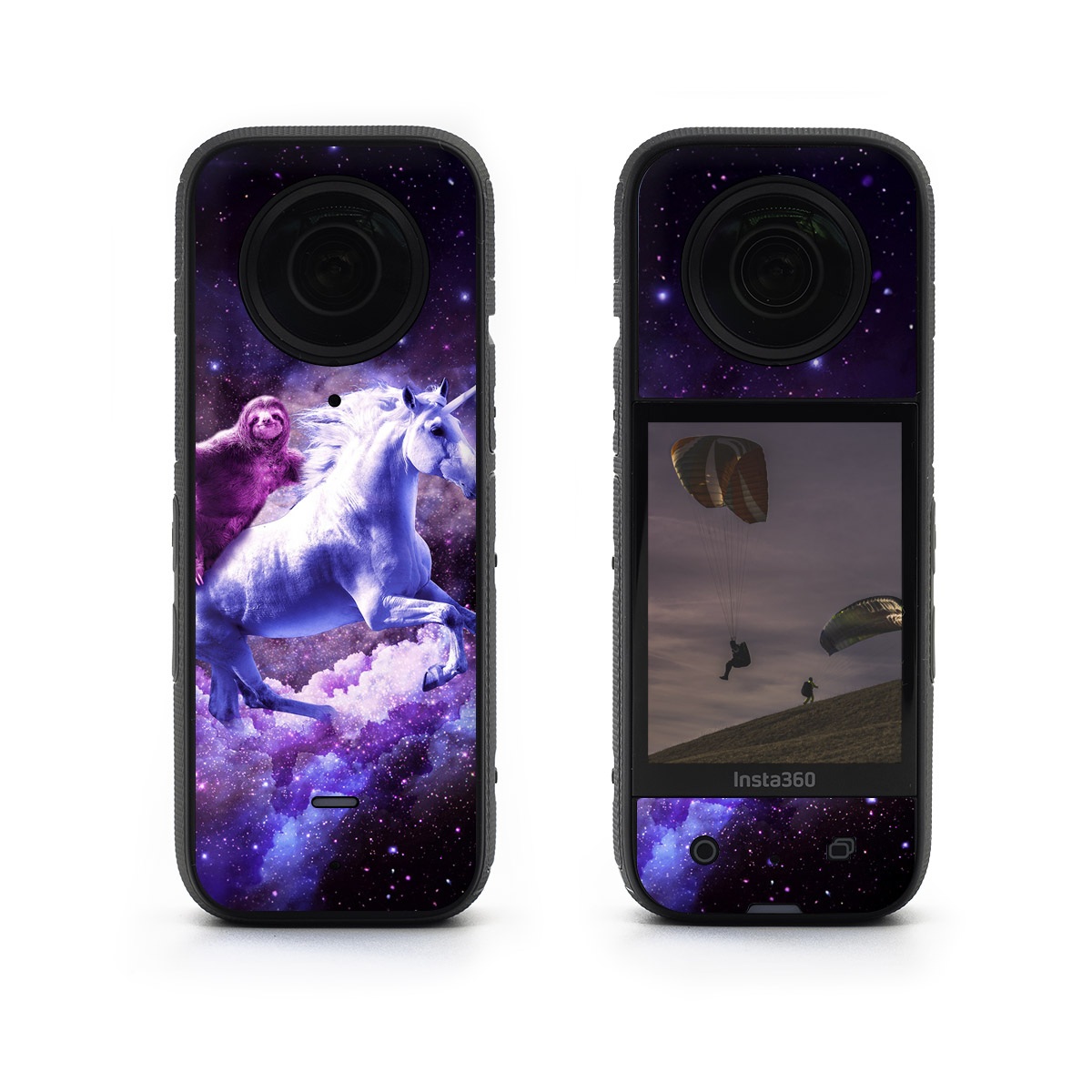 Insta360 X3 Skin design of Purple, Unicorn, Fictional character, Violet, Mythical creature, Illustration, Sky, Graphic design, Space, Constellation, with black, white, blue, purple, gray, brown colors